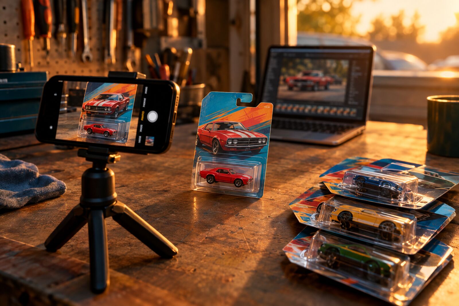 A phone on a tripod photographing a carded red die-cast muscle car on a garage workbench